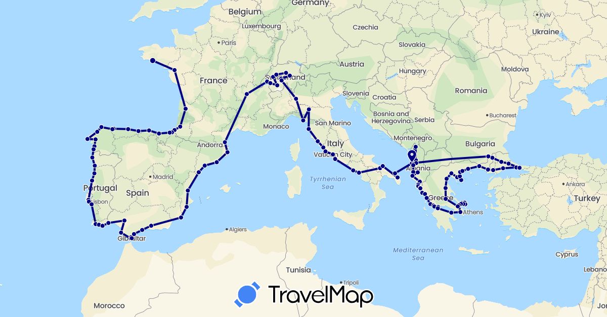 TravelMap itinerary: driving in Albania, Bulgaria, Switzerland, Spain, France, Gibraltar, Greece, Italy, Portugal, Turkey, Vatican City (Asia, Europe)